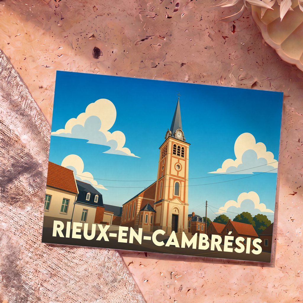 Carte postale souvenir de la ville de Rieux-en-Cambrésis avec une illustration stylisée de son église.