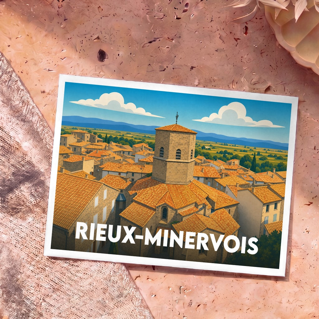 Carte postale souvenir de la ville de Rieux-Minervois illustrant son église octogonale au cœur du village.