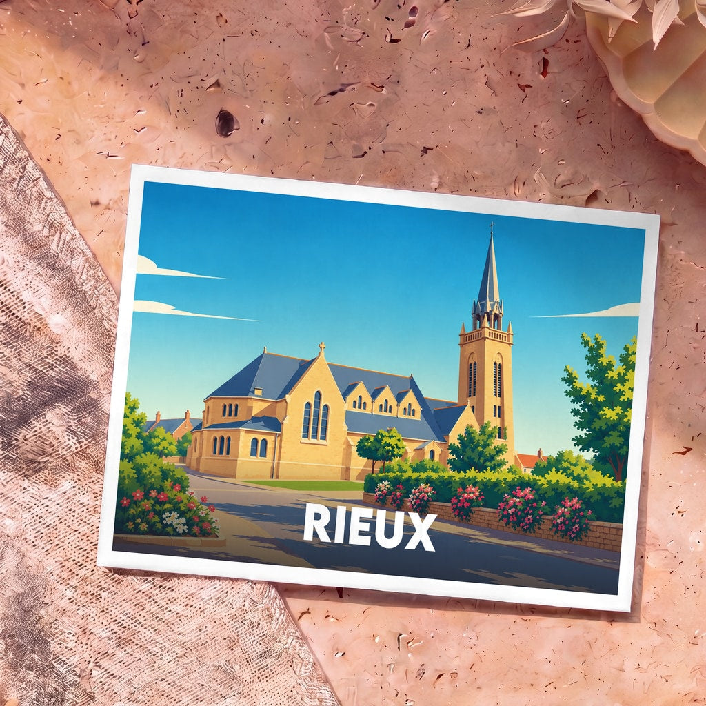 Carte postale souvenir de la ville de Rieux illustrant une église de style gothique sous un ciel bleu.