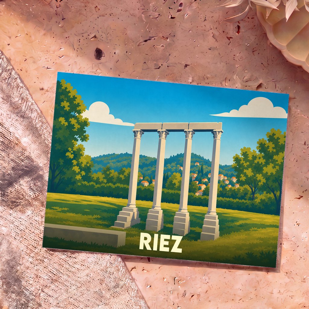 Carte postale souvenir de la ville de Riez illustrant les colonnes romaines dans un style graphique épuré.
