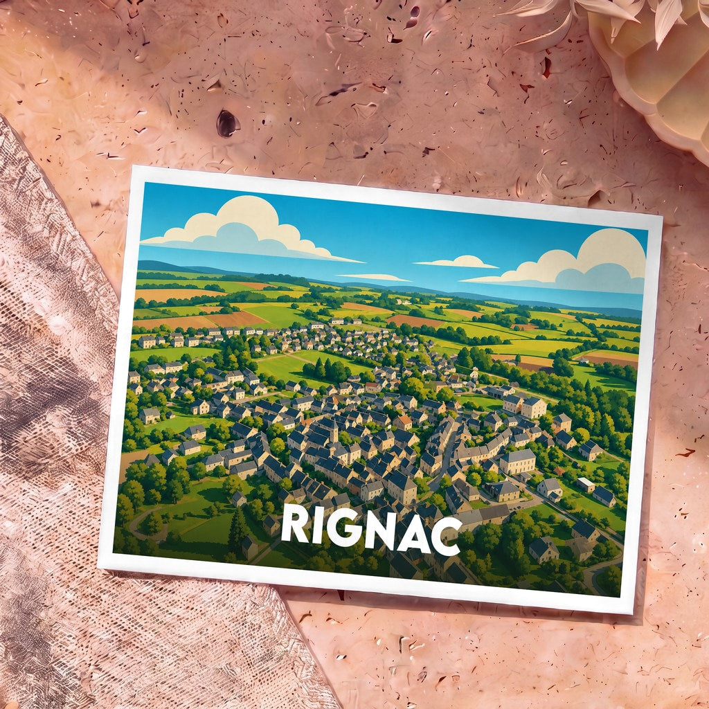 Carte postale souvenir de la ville de Rignac avec une illustration stylisée d'un village niché dans une campagne vallonnée.