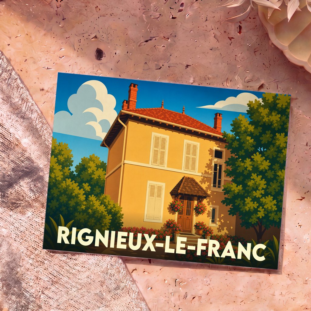 Carte postale souvenir de la ville de Rignieux-le-Franc illustrée d'une maison de campagne ensoleillée dans un style vintage.