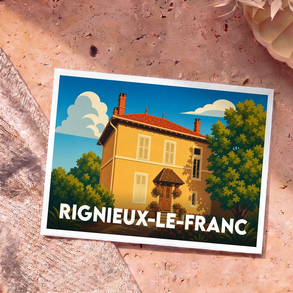 Carte postale souvenir de la ville de Rignieux-le-Franc illustrée d'une maison de campagne ensoleillée dans un style vintage.