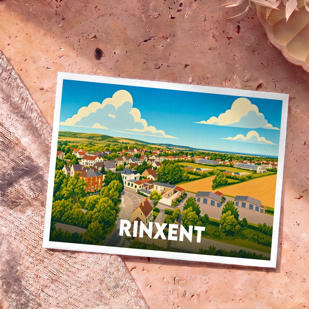 Carte postale souvenir de la ville de Rinxent avec une illustration stylisée et colorée du paysage urbain.