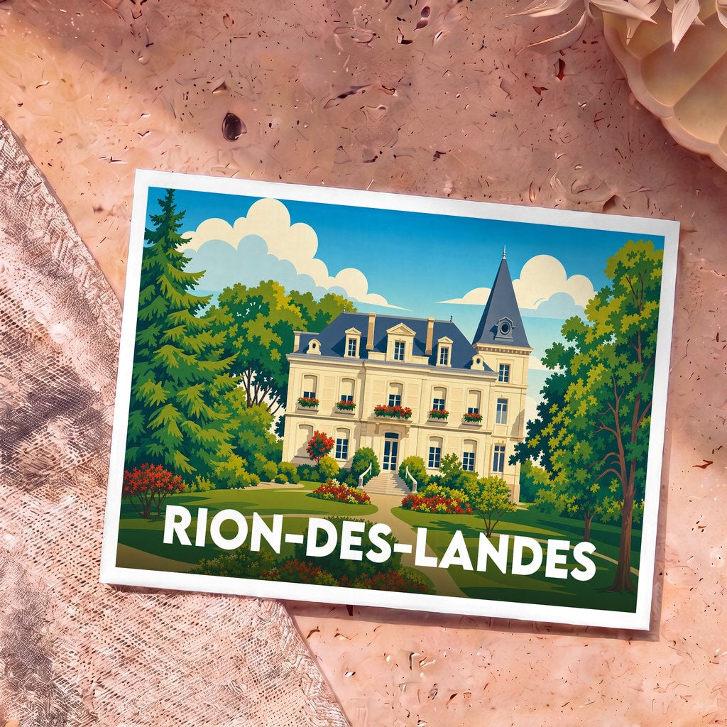 Carte postale souvenir de Rion-des-Landes illustrant un château entouré de verdure dans un style graphique épuré.