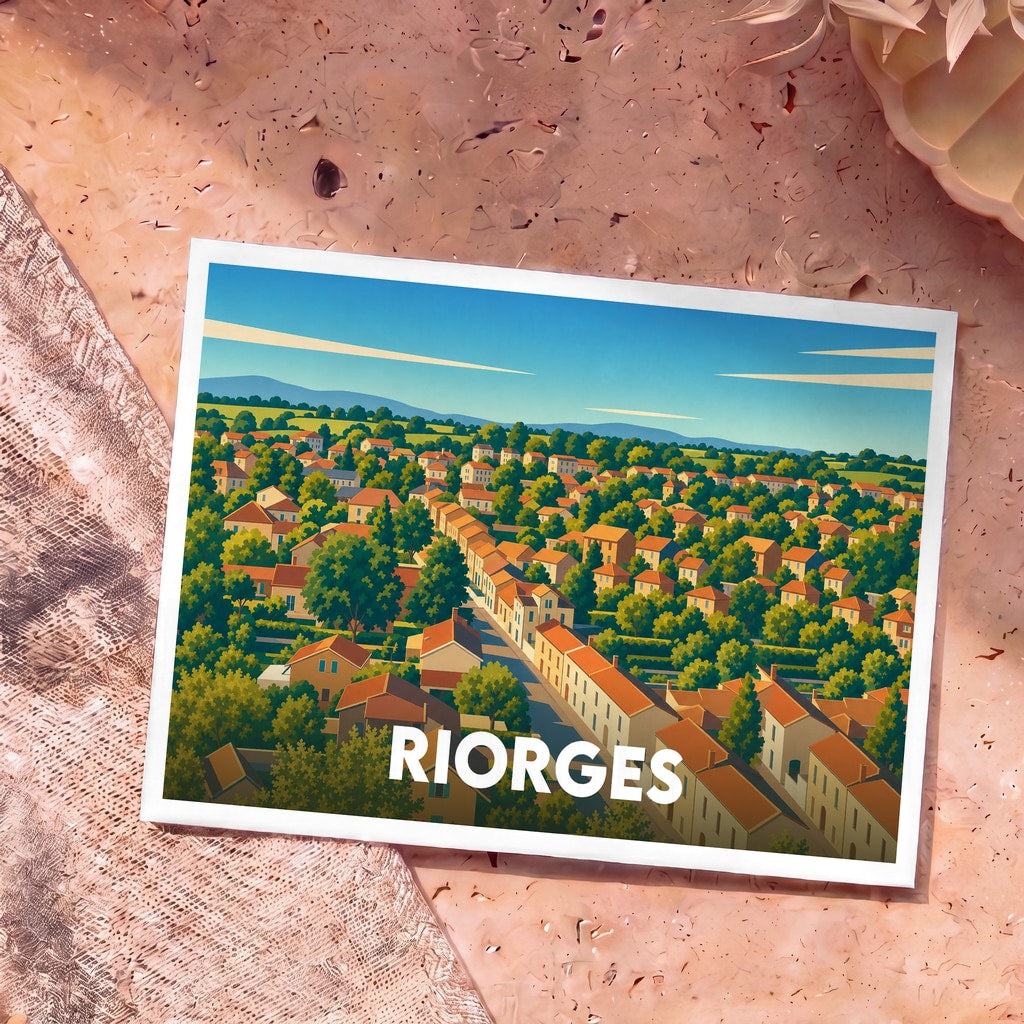 Carte postale souvenir de la ville de Riorges avec une illustration stylisée et colorée d'un paysage urbain verdoyant.