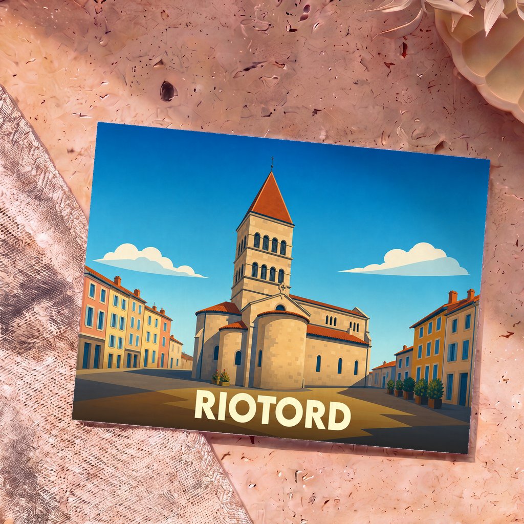 Carte postale souvenir de la ville de Riotord avec une illustration stylisée de son église et de ses maisons colorées.