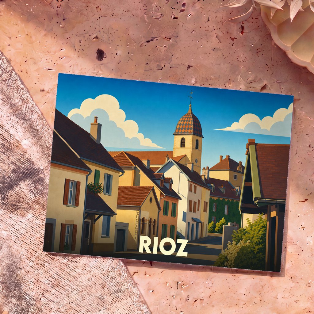 Carte postale souvenir de la ville de Rioz avec une illustration stylisée de ses maisons et de son clocher.