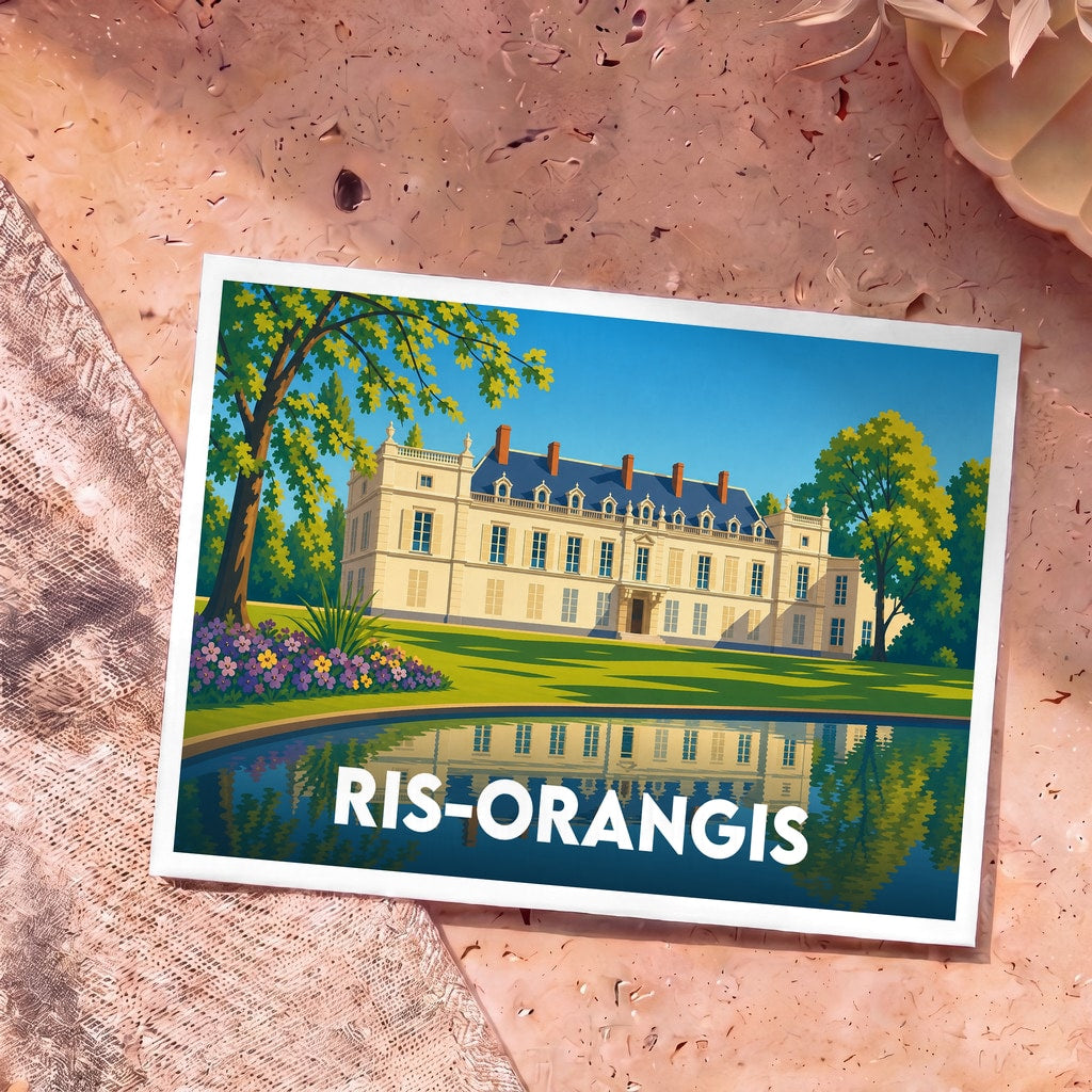 Carte postale souvenir de la ville de Ris-Orangis illustrant un château et son parc se reflétant dans l'eau.