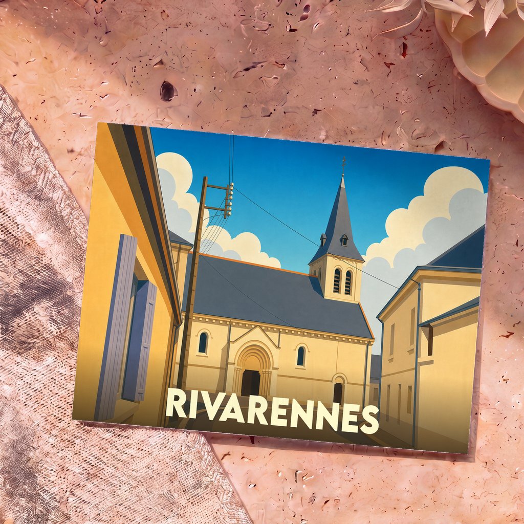 Carte postale souvenir de la ville de Rivarennes avec une illustration stylisée de son église sous un ciel bleu.