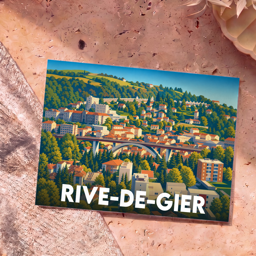 Carte postale souvenir de la ville de Rive-de-Gier avec une illustration stylisée et colorée.