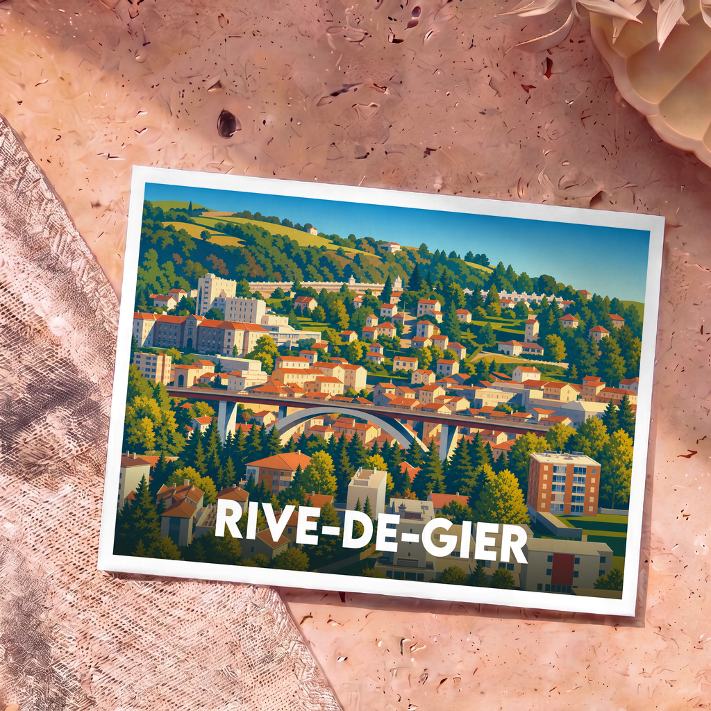 Carte postale souvenir de la ville de Rive-de-Gier avec une illustration stylisée et colorée.