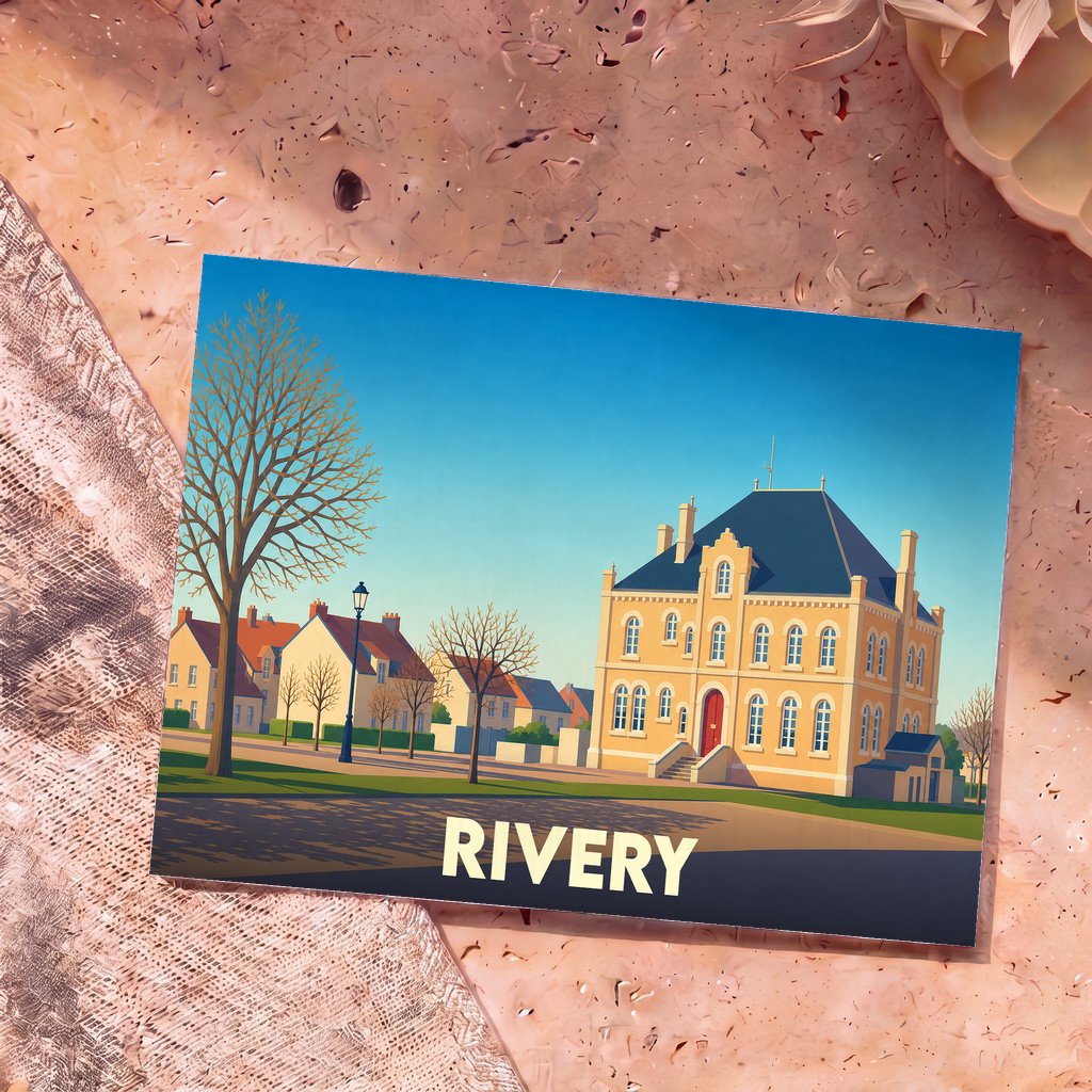 Carte postale souvenir de la ville de Rivery illustrant sa mairie dans un style graphique épuré.
