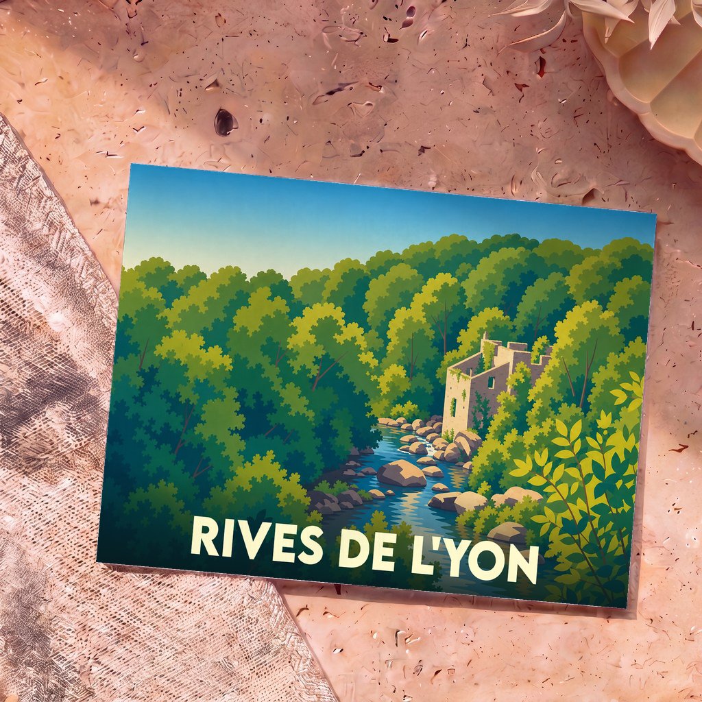 Carte postale souvenir de la commune de Rives de l'Yon avec une illustration stylisée d'un moulin en ruine au bord de l'eau.