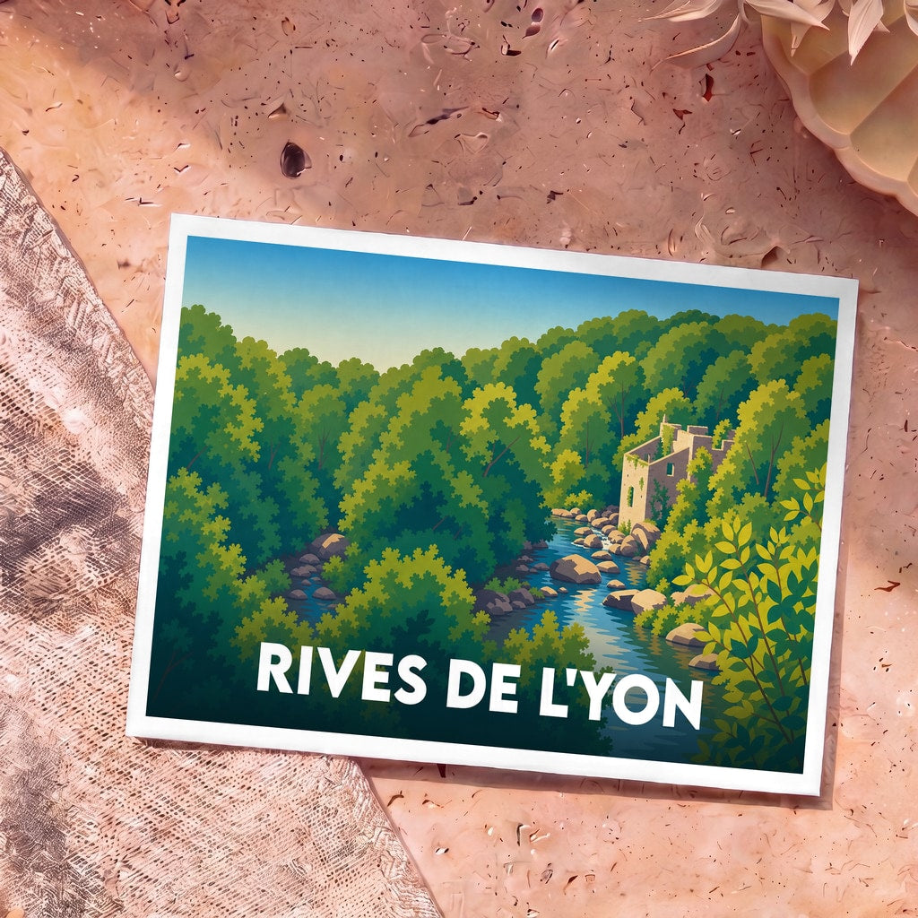 Carte postale souvenir de la commune de Rives de l'Yon avec une illustration stylisée d'un moulin en ruine au bord de l'eau.