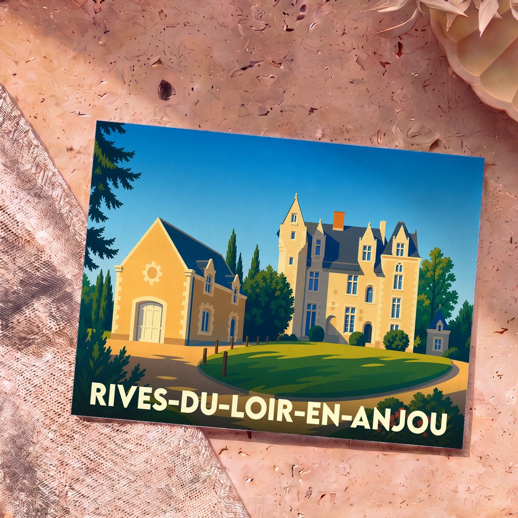 Carte postale souvenir de la commune de Rives-du-Loir-en-Anjou avec une illustration stylisée de son patrimoine architectural.
