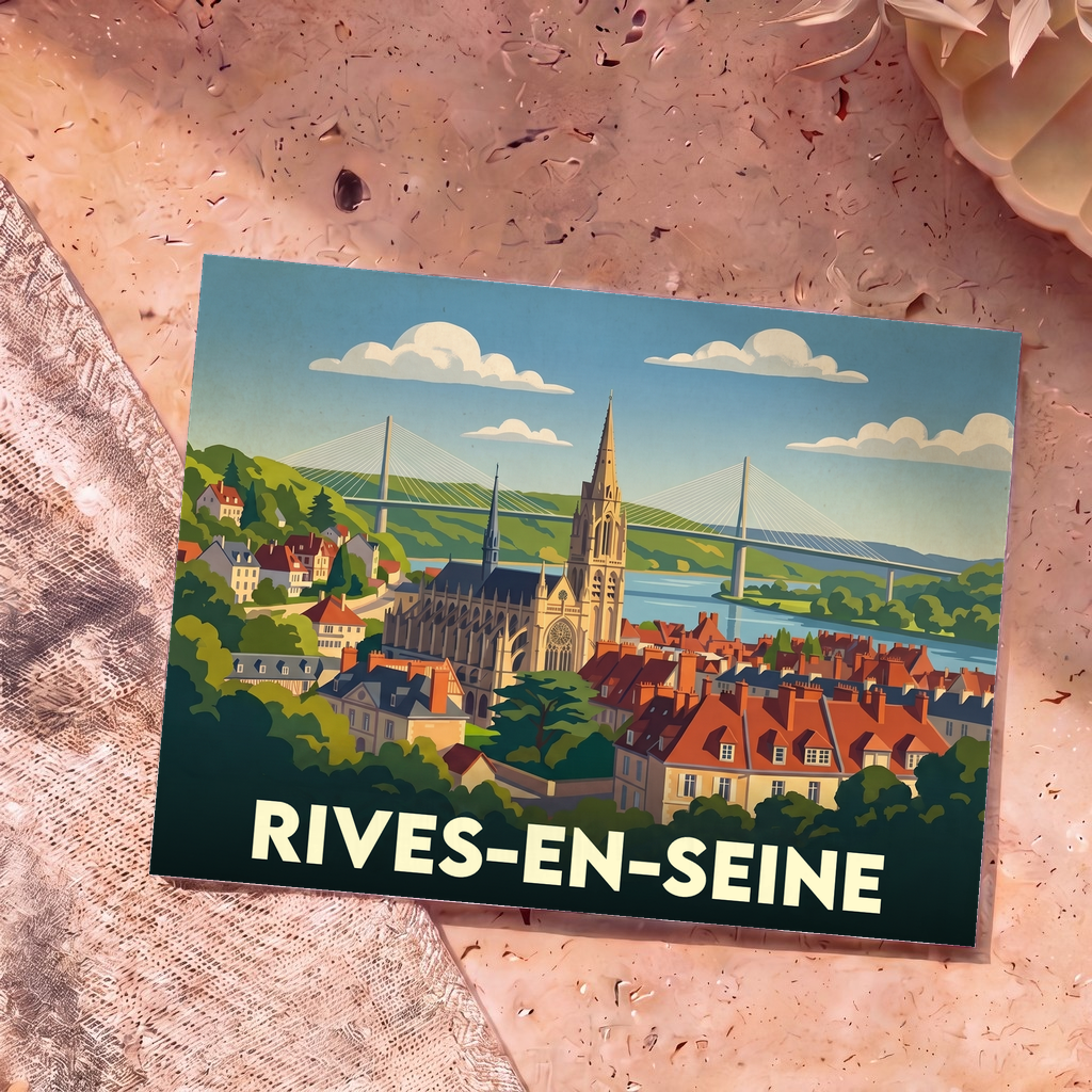 Carte postale souvenir de la ville de Rives-en-Seine avec une illustration stylisée de son église et de son pont.