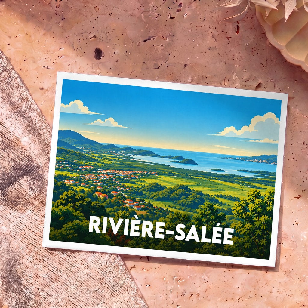 Carte postale souvenir de la ville de Rivière-Salée avec une illustration paysagère stylisée.