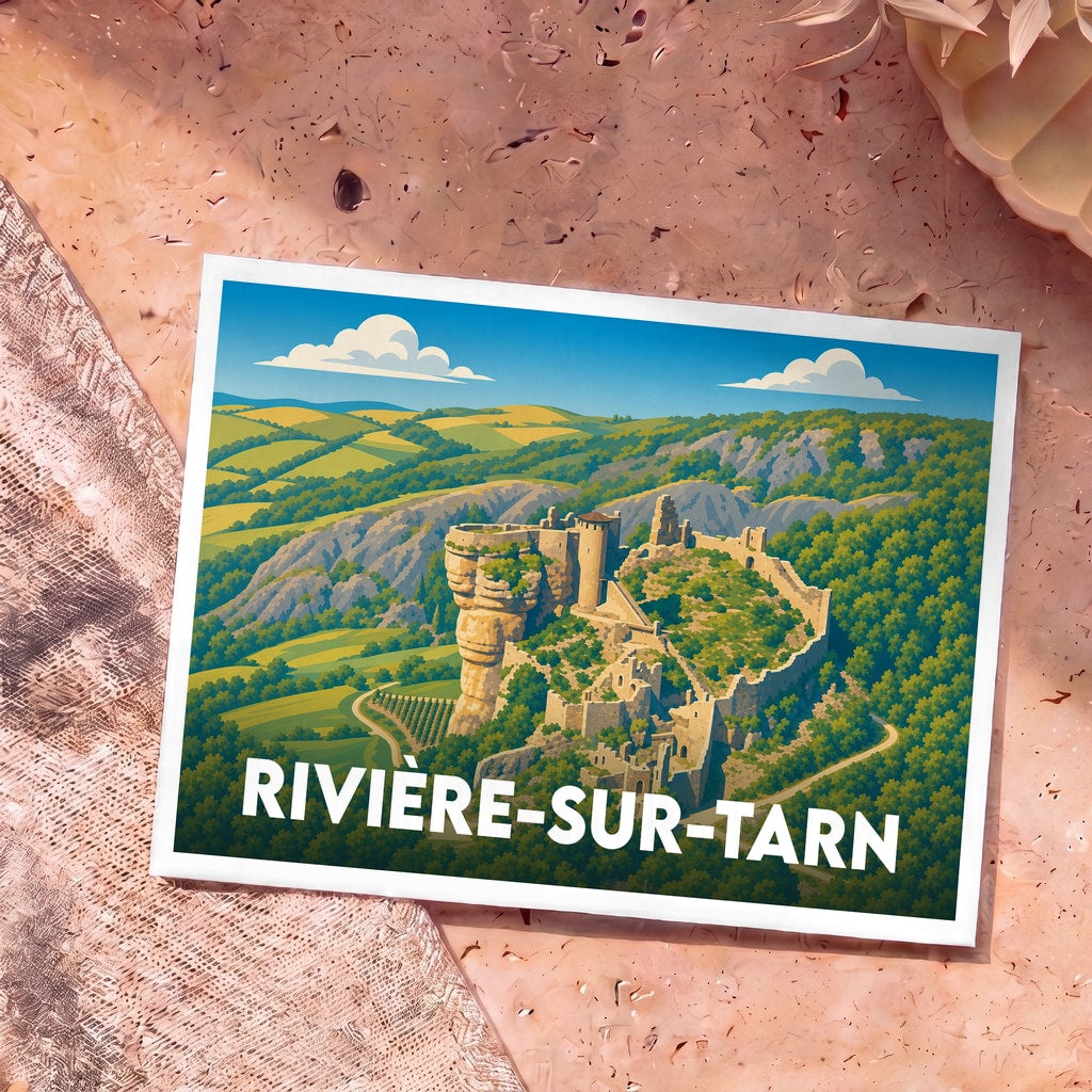 Carte postale souvenir de la ville de Rivière-sur-Tarn illustrant les ruines du château de Peyrelade dans un style graphique épuré.
