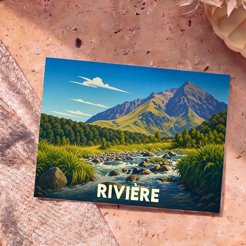 Carte postale souvenir de la ville de Rivière arborant une illustration stylisée d'un paysage montagneux et d'un cours d'eau.