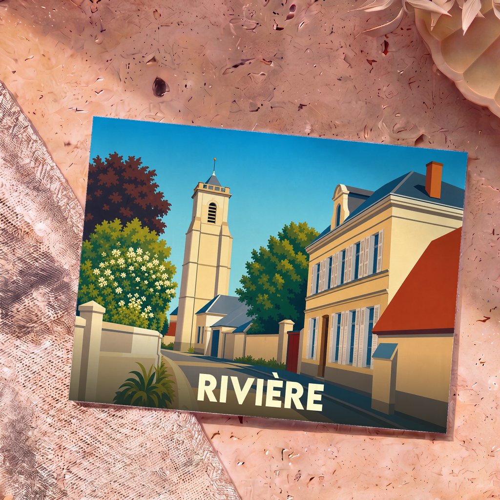 Carte postale souvenir de la ville de Rivière avec une illustration stylisée d'un clocher et de maisons traditionnelles.