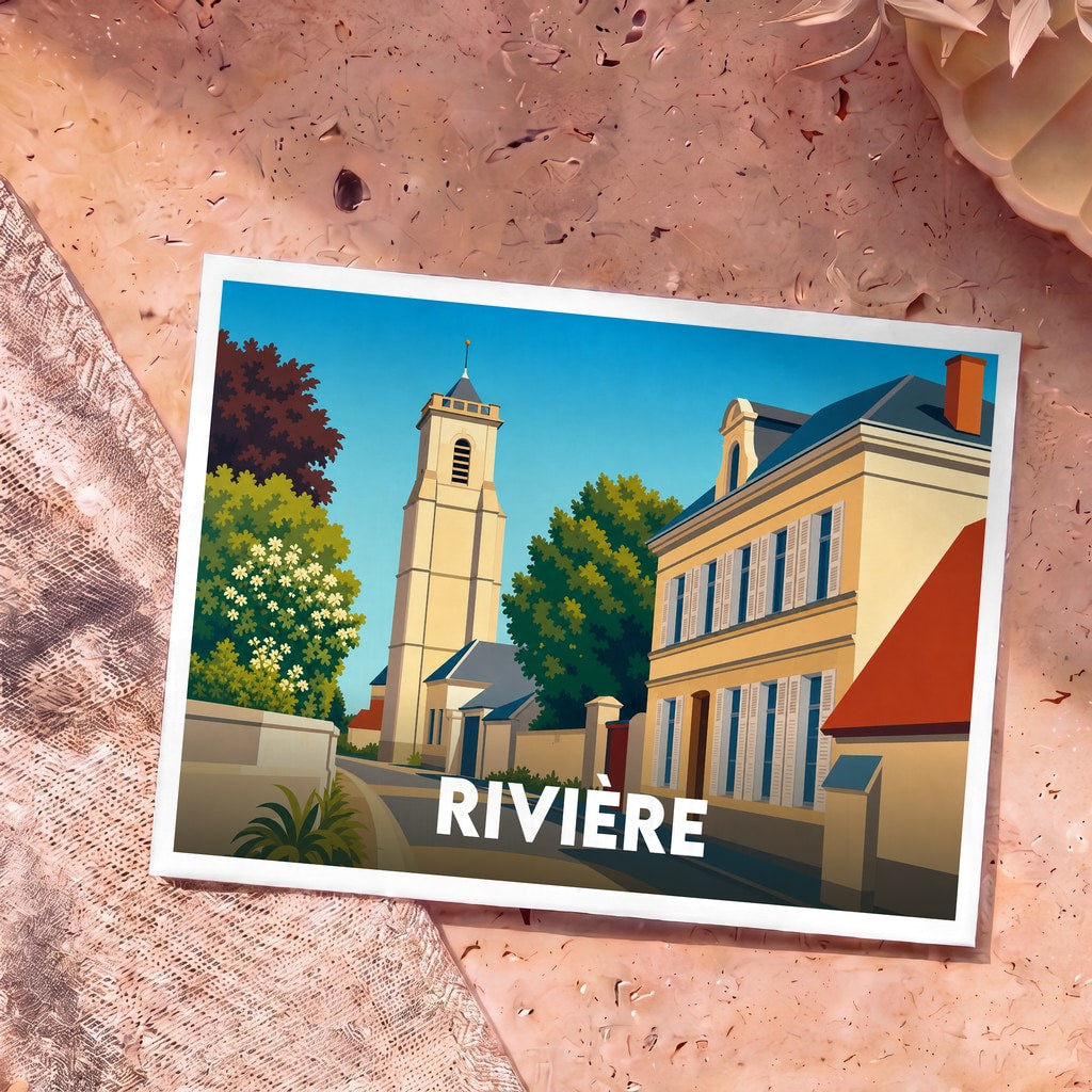Carte postale souvenir de la ville de Rivière avec une illustration stylisée d'un clocher et de maisons traditionnelles.