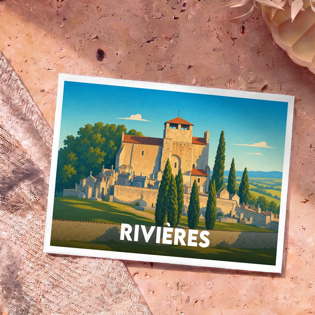 Carte postale souvenir de la ville de Rivières avec une illustration stylisée de son église fortifiée.