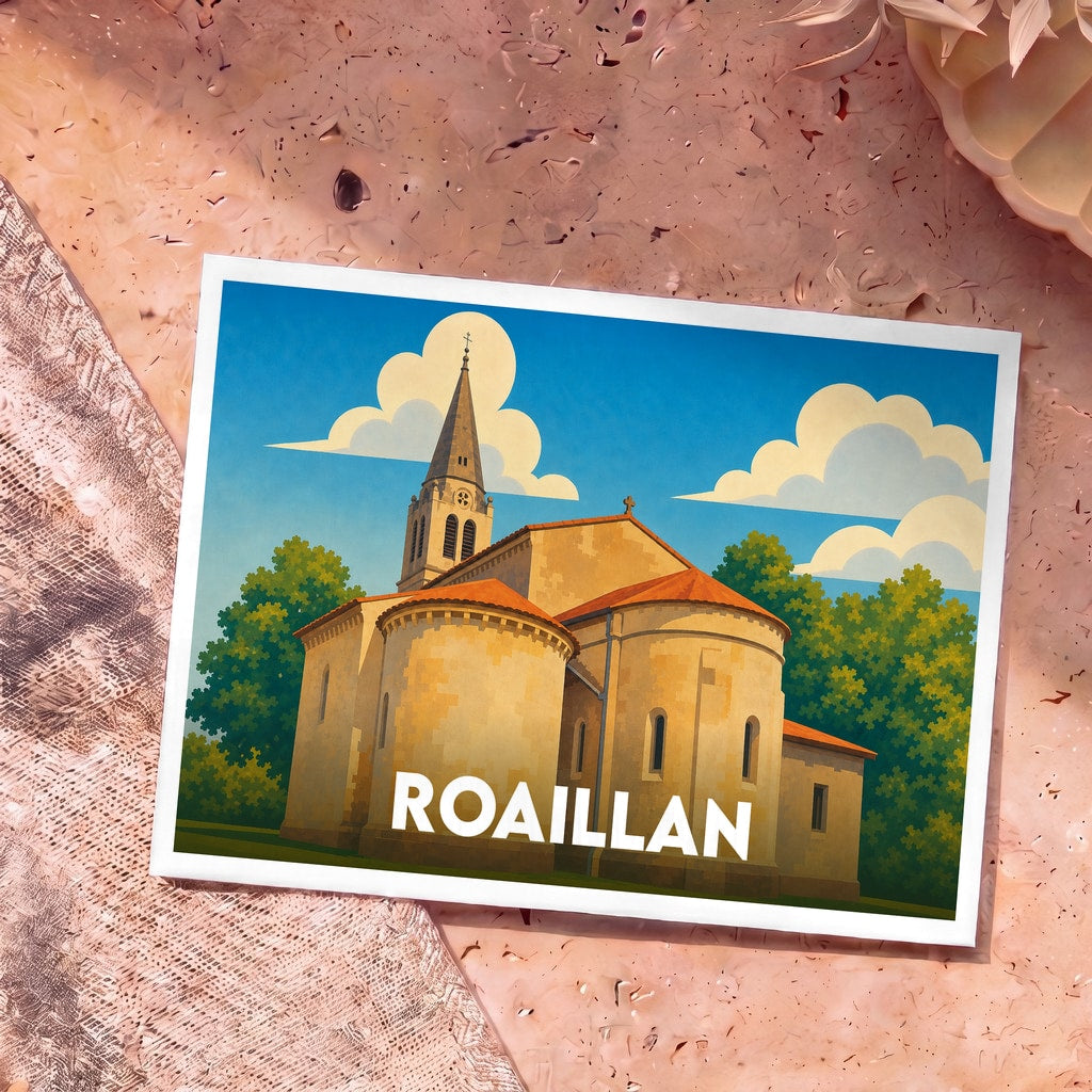 Carte postale souvenir de la ville de Roaillan avec une illustration stylisée de son église.