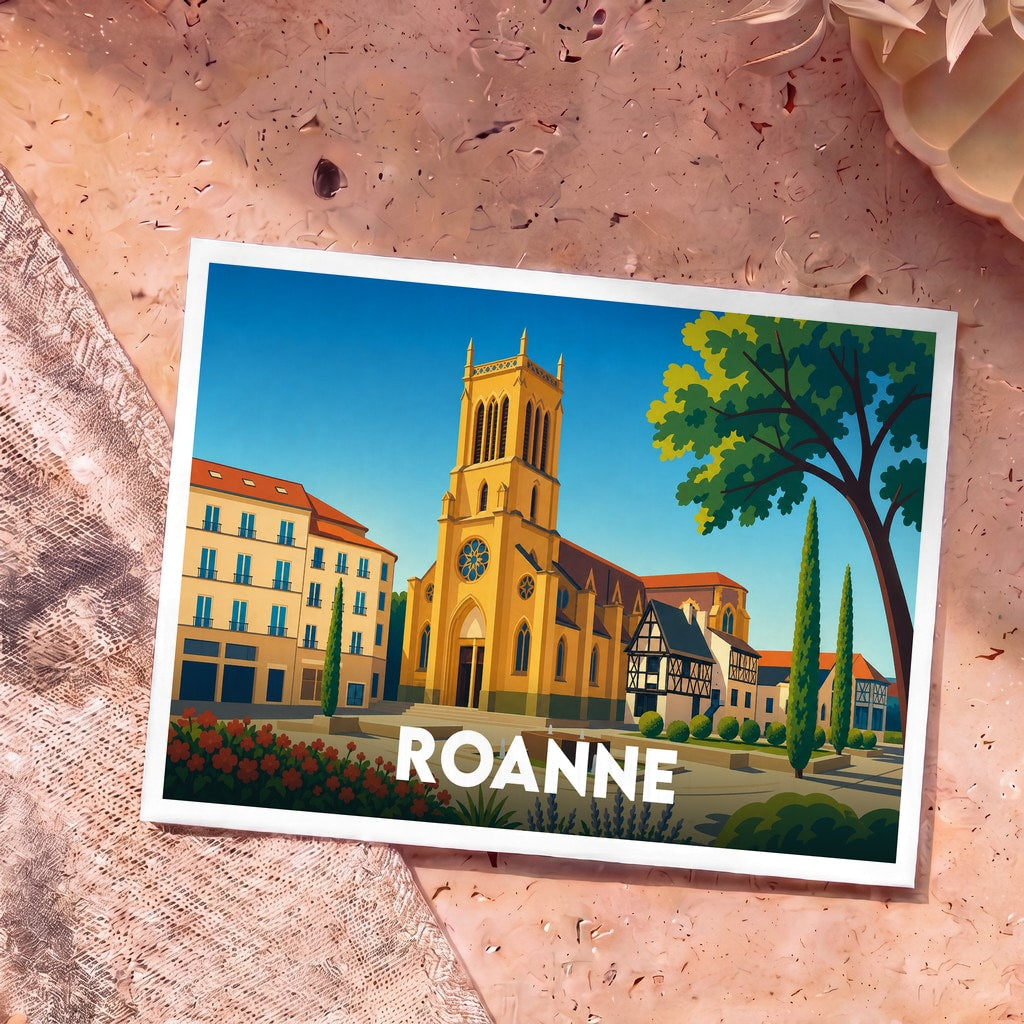 Carte postale souvenir de la ville de Roanne avec une illustration stylisée d'une église et d'une place ensoleillée.