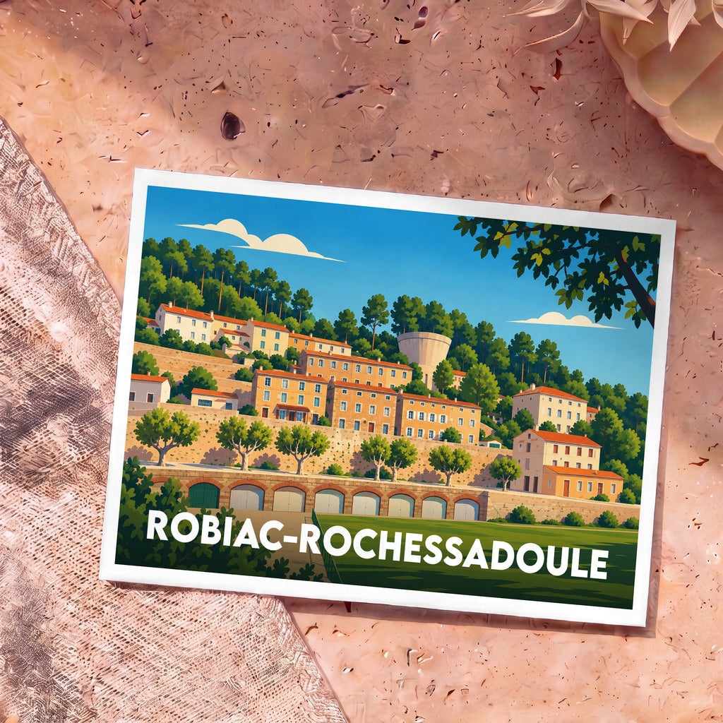 Carte postale souvenir de la ville de Robiac-Rochessadoule avec une illustration stylisée.