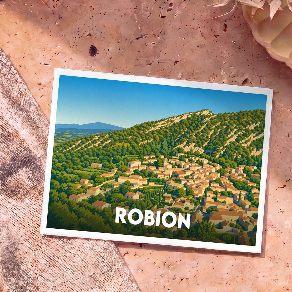 Carte postale souvenir de la ville de Robion avec une illustration stylisée d'un village provençal au pied d'une colline verdoyante.