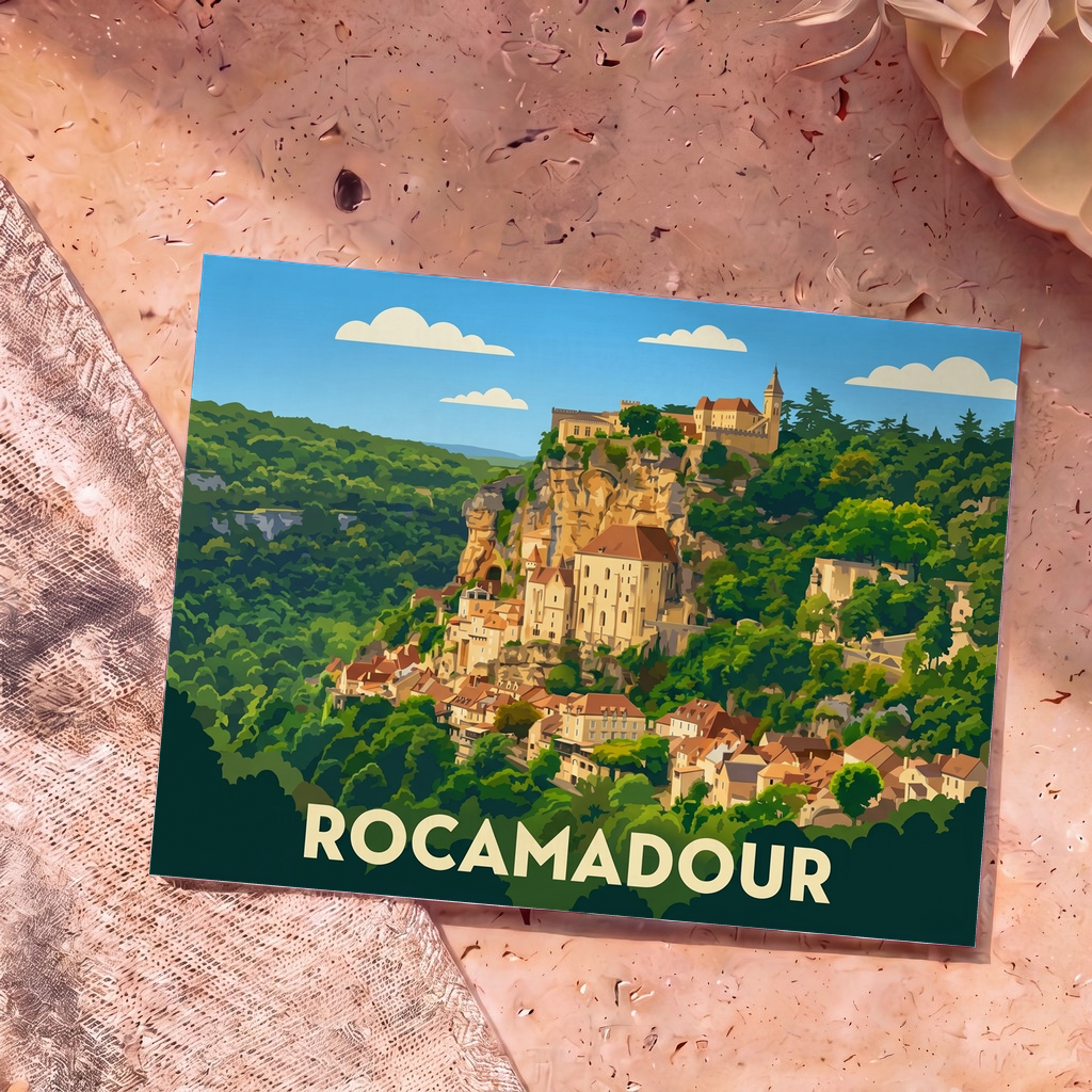 Carte postale souvenir de la ville de Rocamadour avec une illustration stylisée.