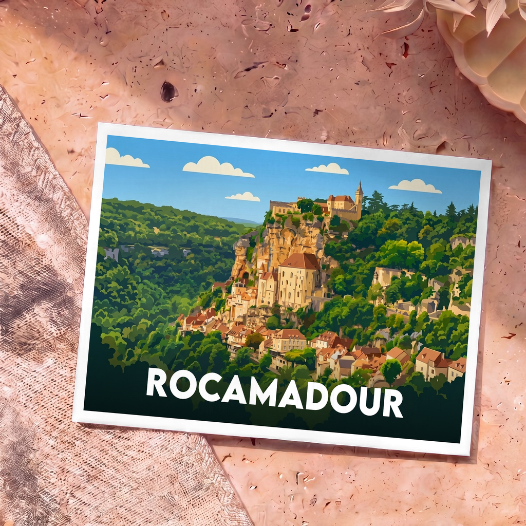 Carte postale souvenir de la ville de Rocamadour avec une illustration stylisée.
