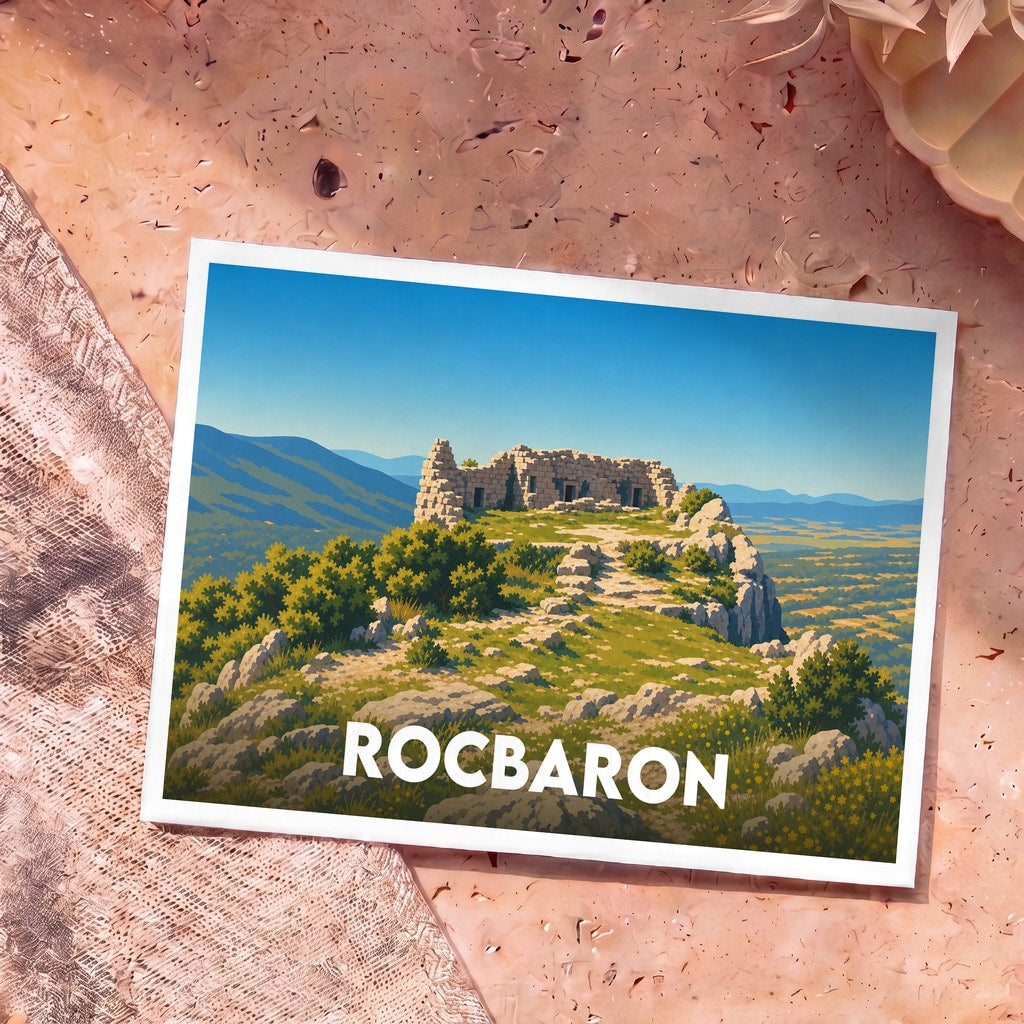 Carte postale souvenir de la ville de Rocbaron avec une illustration stylisée de ses ruines médiévales.