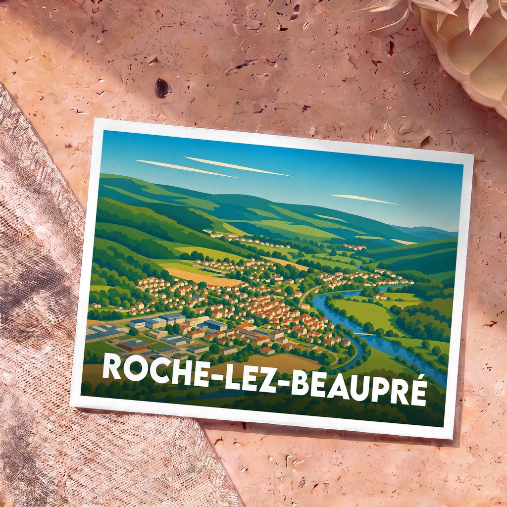 Carte postale souvenir de la ville de Roche-lez-Beaupré avec une illustration panoramique et colorée de la vallée.