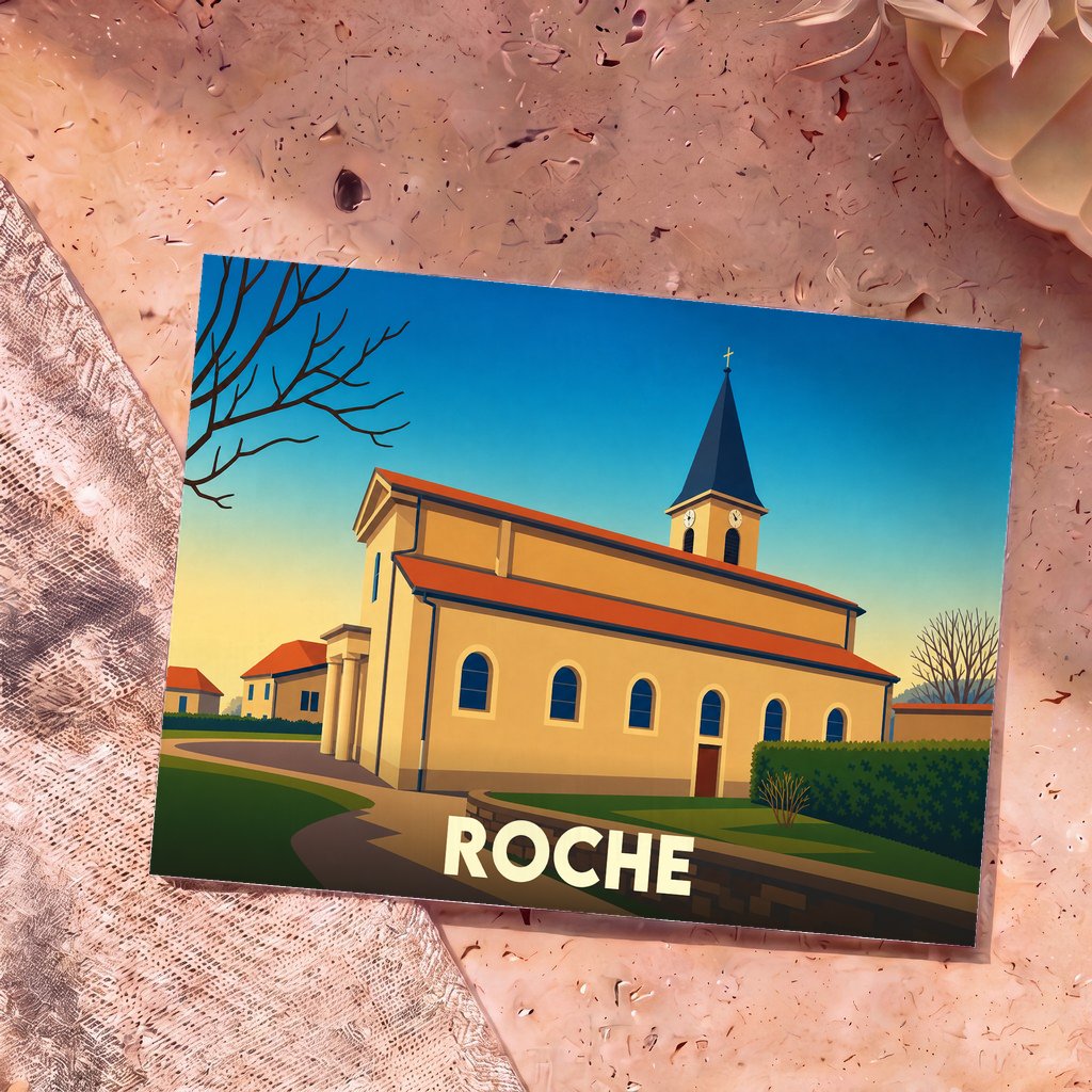Carte postale souvenir de la ville de Roche illustrant son église dans un style graphique épuré.