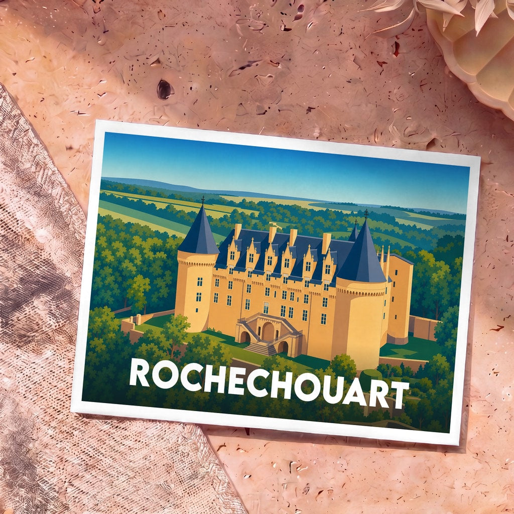 Carte postale souvenir de la ville de Rochechouart illustrant son château avec un style graphique épuré.