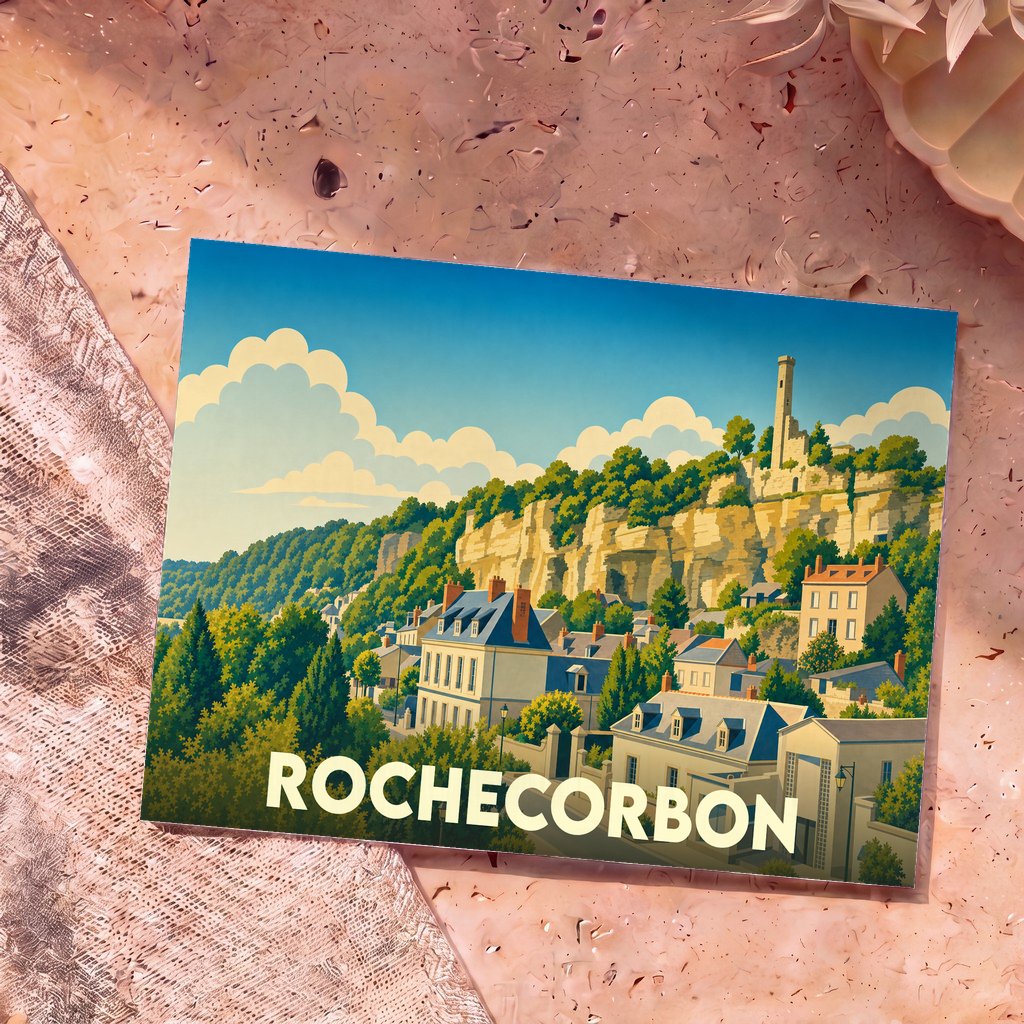Carte postale souvenir de la ville de Rochecorbon avec une illustration stylisée montrant ses falaises et son architecture typique.
