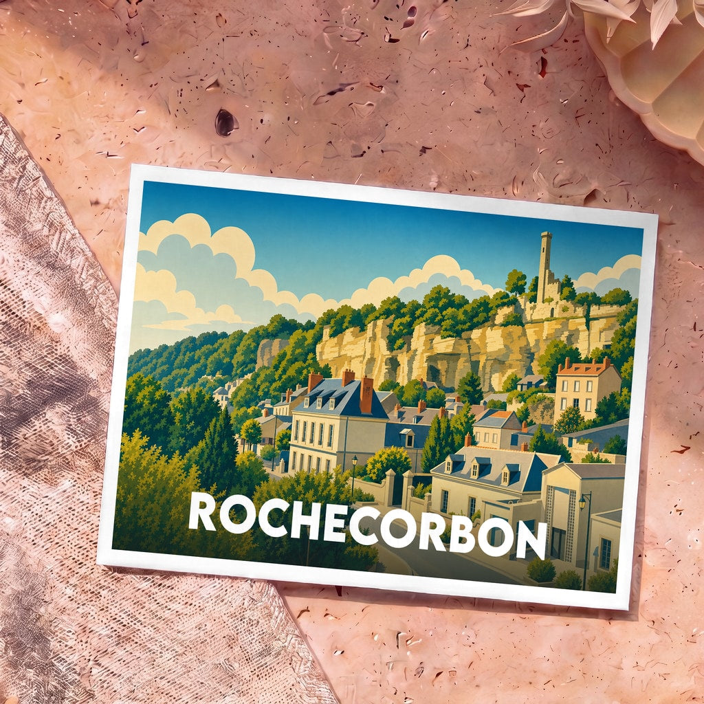 Carte postale souvenir de la ville de Rochecorbon avec une illustration stylisée montrant ses falaises et son architecture typique.