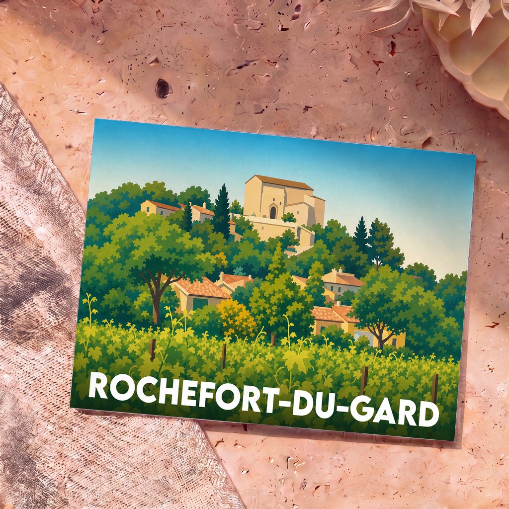 Carte postale souvenir de la ville de Rochefort-du-Gard avec une illustration stylisée de ses collines et vignobles.