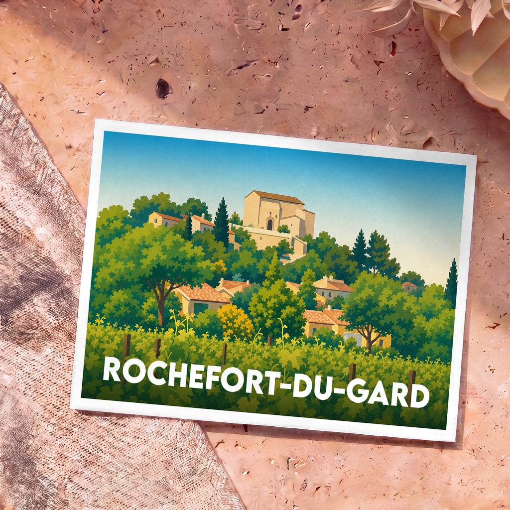 Carte postale souvenir de la ville de Rochefort-du-Gard avec une illustration stylisée de ses collines et vignobles.
