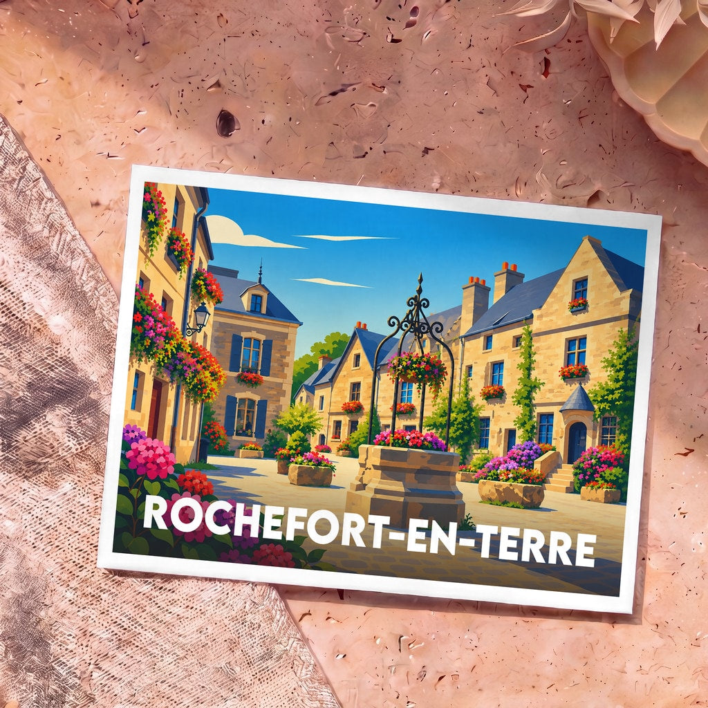 Carte postale souvenir de la ville de Rochefort-en-Terre avec une illustration colorée et fleurie de sa place centrale.