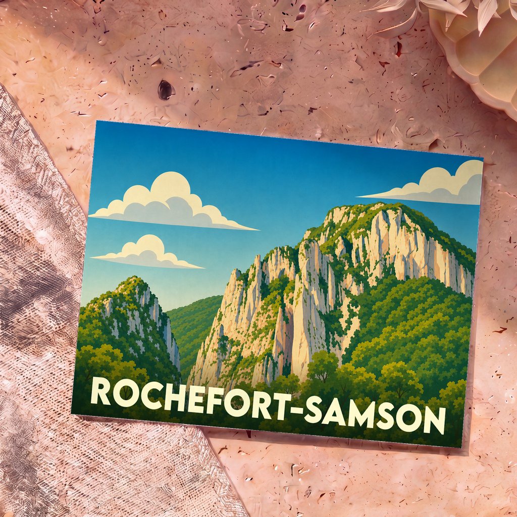 Carte postale souvenir de Rochefort-Samson illustrant ses falaises escarpées dans un style rétro et coloré.