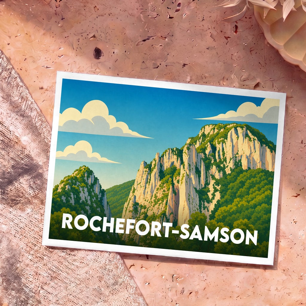 Carte postale souvenir de Rochefort-Samson illustrant ses falaises escarpées dans un style rétro et coloré.
