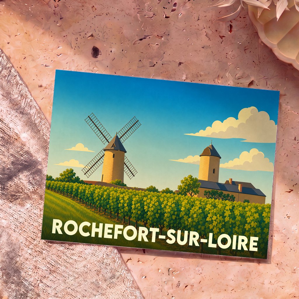 Carte postale souvenir de Rochefort-sur-Loire illustrant un moulin et des vignobles dans un style rétro.