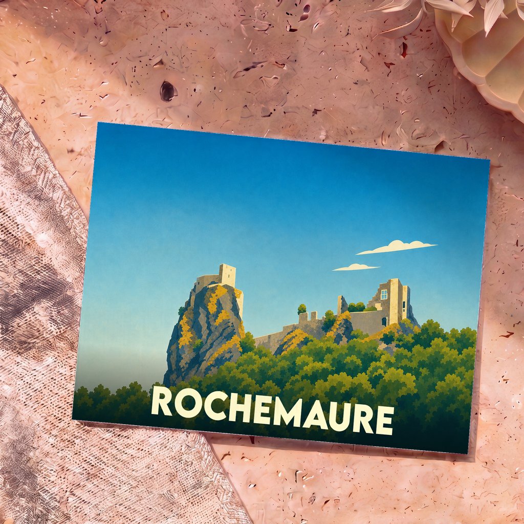 Carte postale souvenir de la ville de Rochemaure avec une illustration stylisée de son château médiéval.