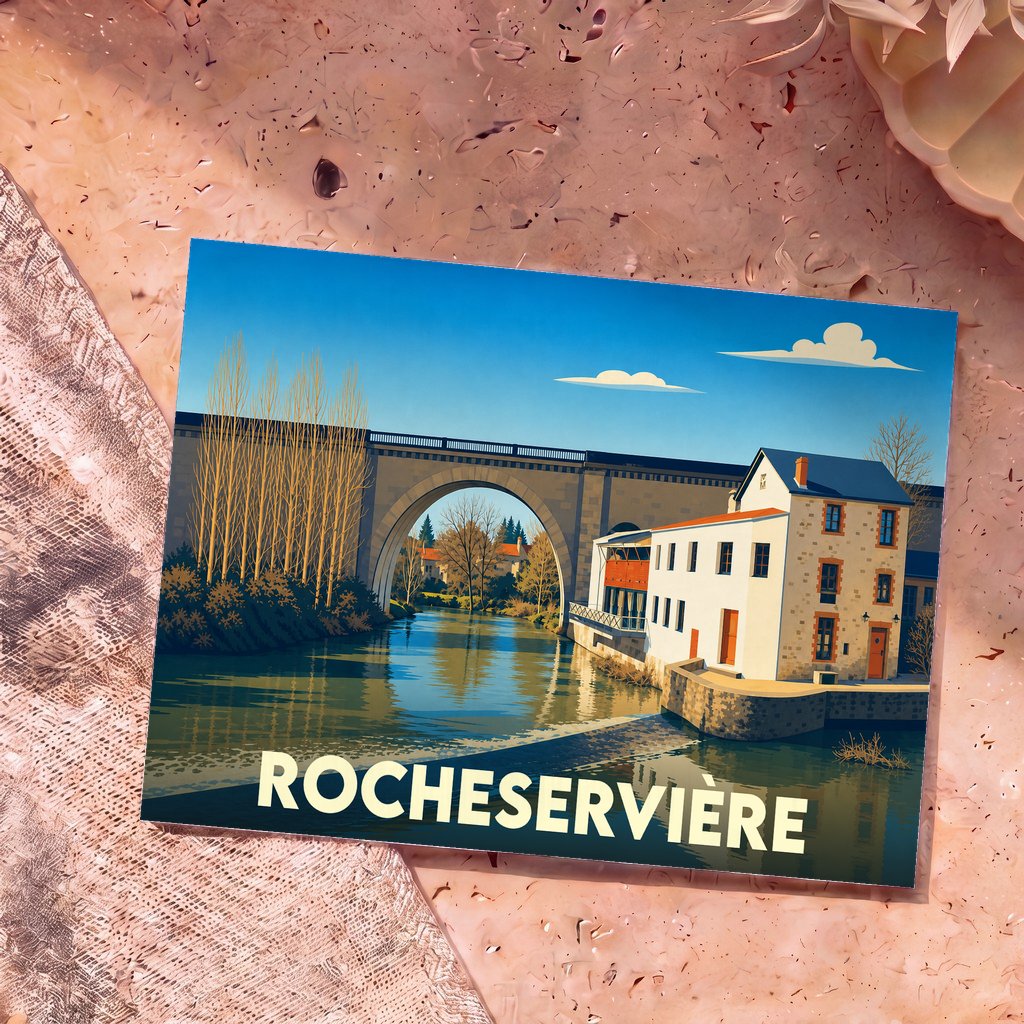 Carte postale souvenir de la ville de Rocheservière avec une illustration stylisée d'un pont et d'un moulin au bord de l'eau.
