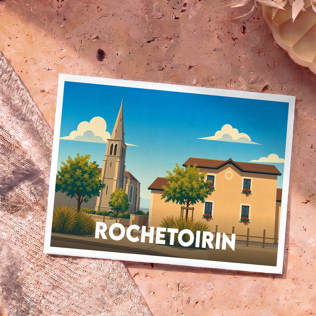 Carte postale souvenir de la ville de Rochetoirin avec une illustration stylisée d'un clocher et d'une maison sous un ciel bleu.