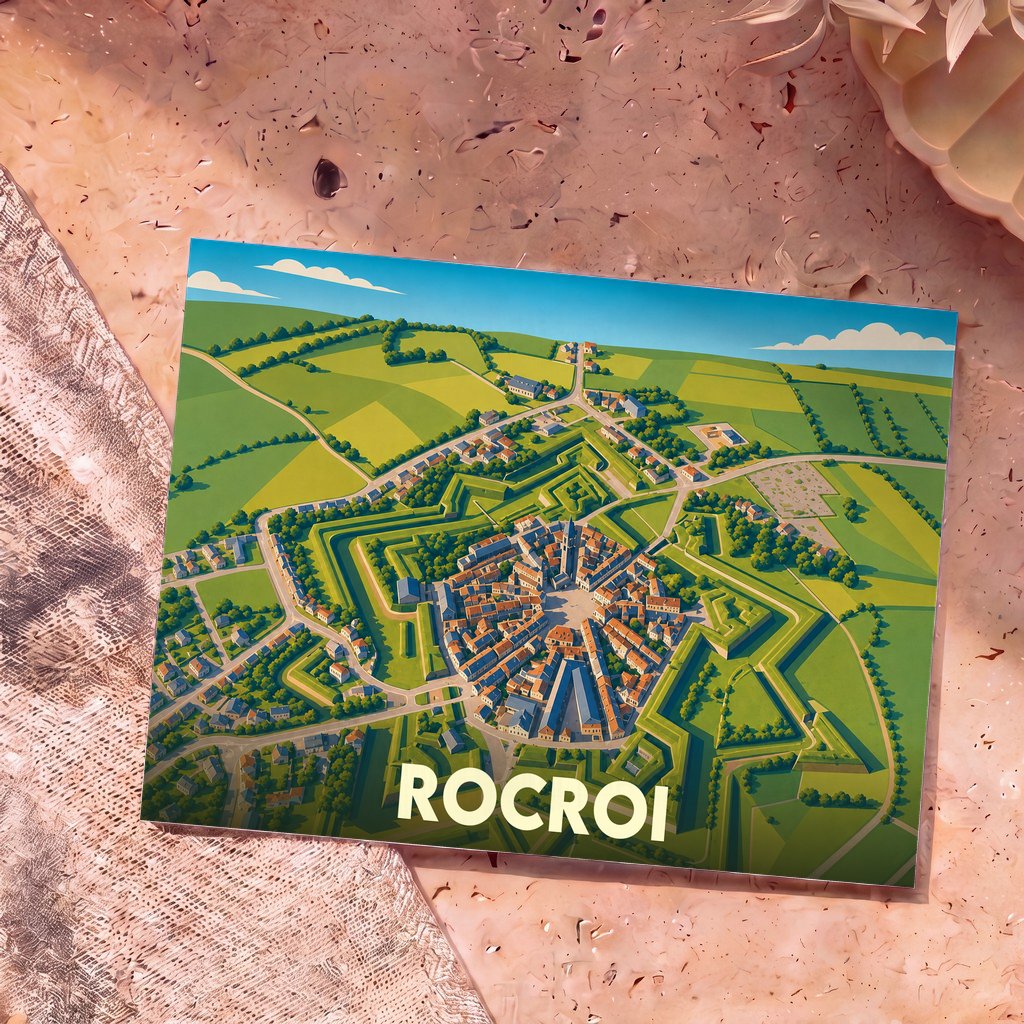 Carte postale souvenir de la ville de Rocroi avec une illustration stylisée de sa citadelle en forme d'étoile.