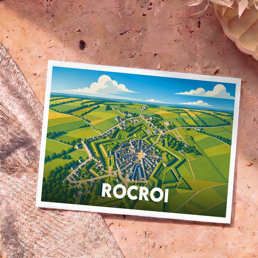 Carte postale souvenir de la ville de Rocroi avec une illustration stylisée de sa citadelle en forme d'étoile.